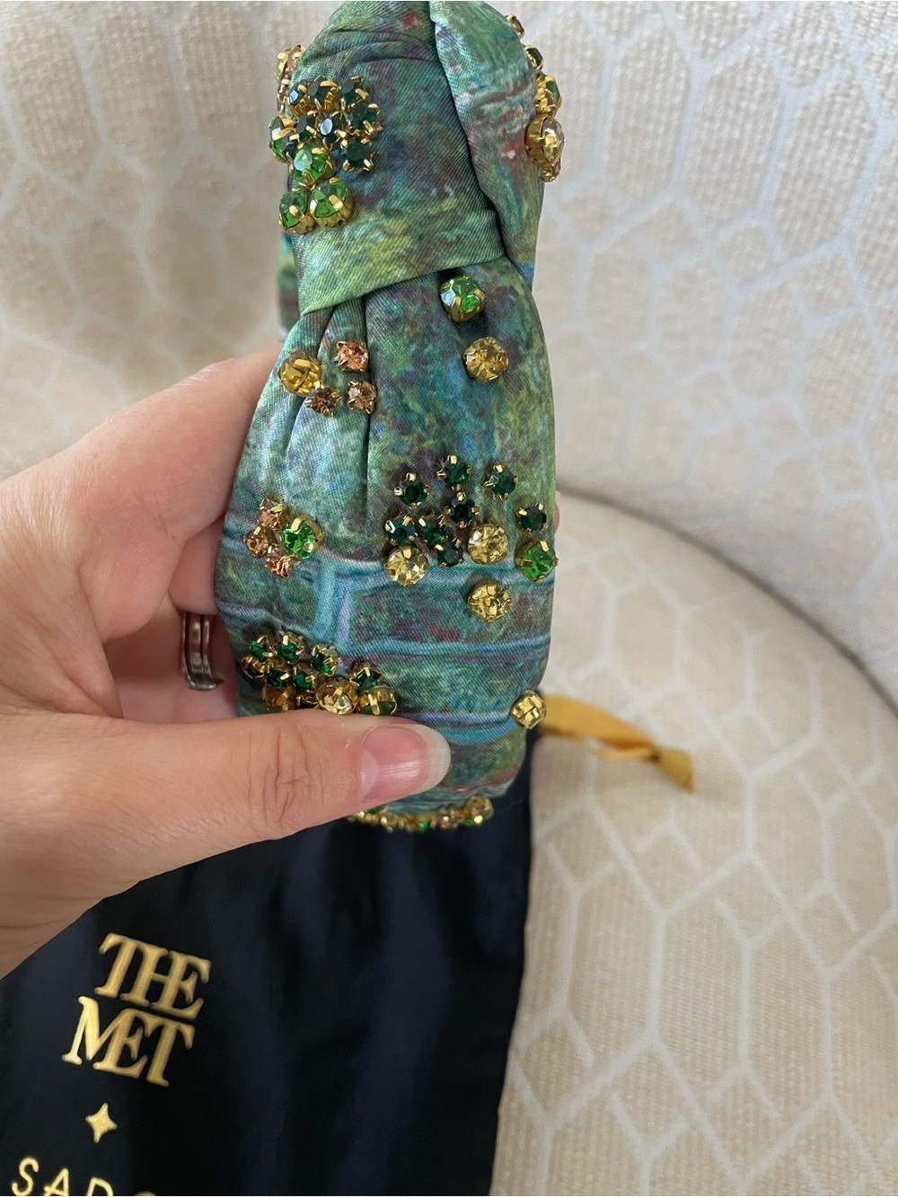 Lele Sadoughi x The MET Green Jeweled Padded Headband with Gold Accents